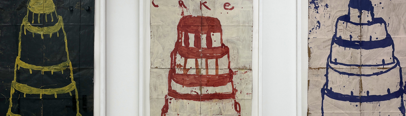 Three paintings of tiered cakes